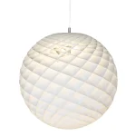 Louis Poulsen Patera pendant lamp, faceted spherical shade with geometric perforated pattern, illuminated three quarter view.