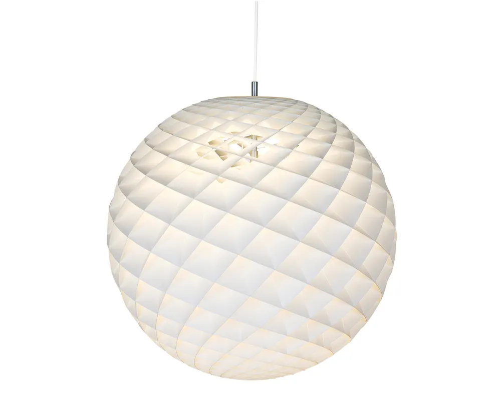 Louis Poulsen Patera pendant lamp, faceted spherical shade with geometric perforated pattern, illuminated three quarter view.
