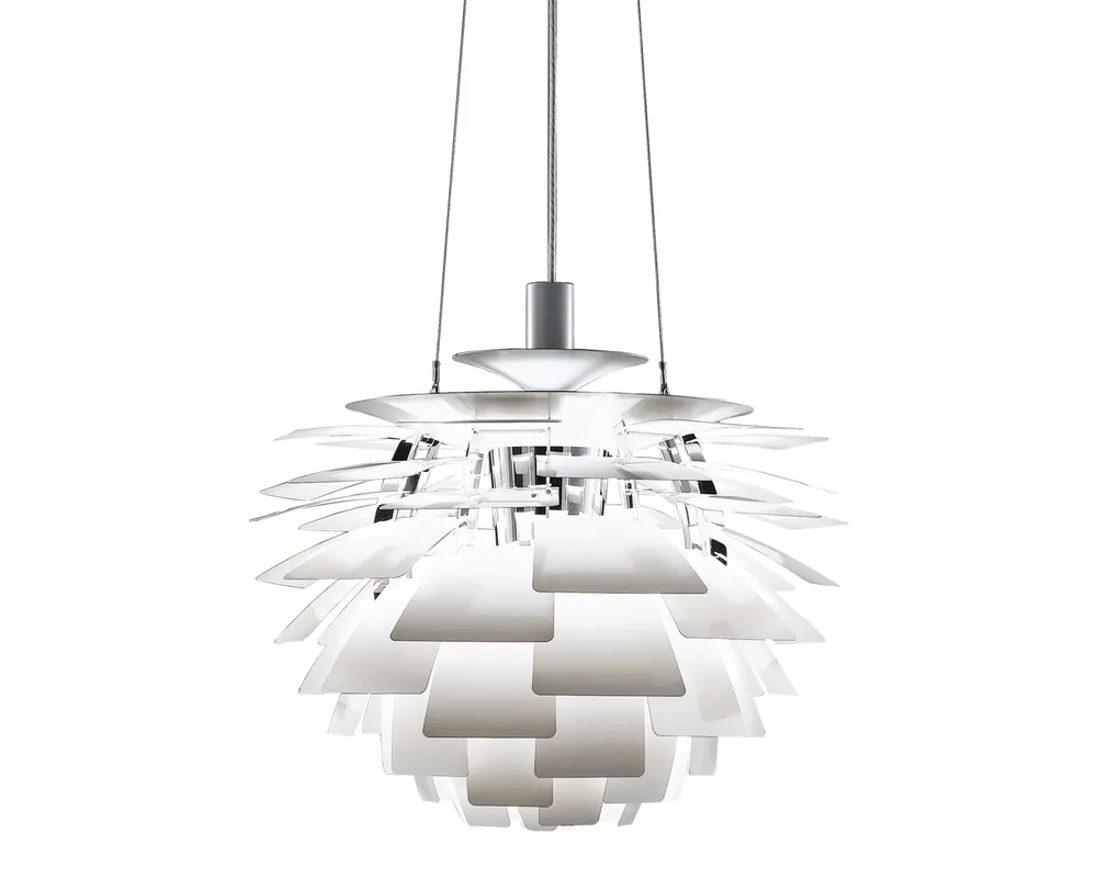 Louis Poulsen PH Artichoke pendant lamp in white, sculptural shade composed of overlapping leaf segments arranged in concentric tiers, three quarter view.