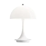 Louis Poulsen Panthella 160 Portable rechargeable table lamp in white, mushroom shade with a small carry handle on top above a flared circular base, full product view.